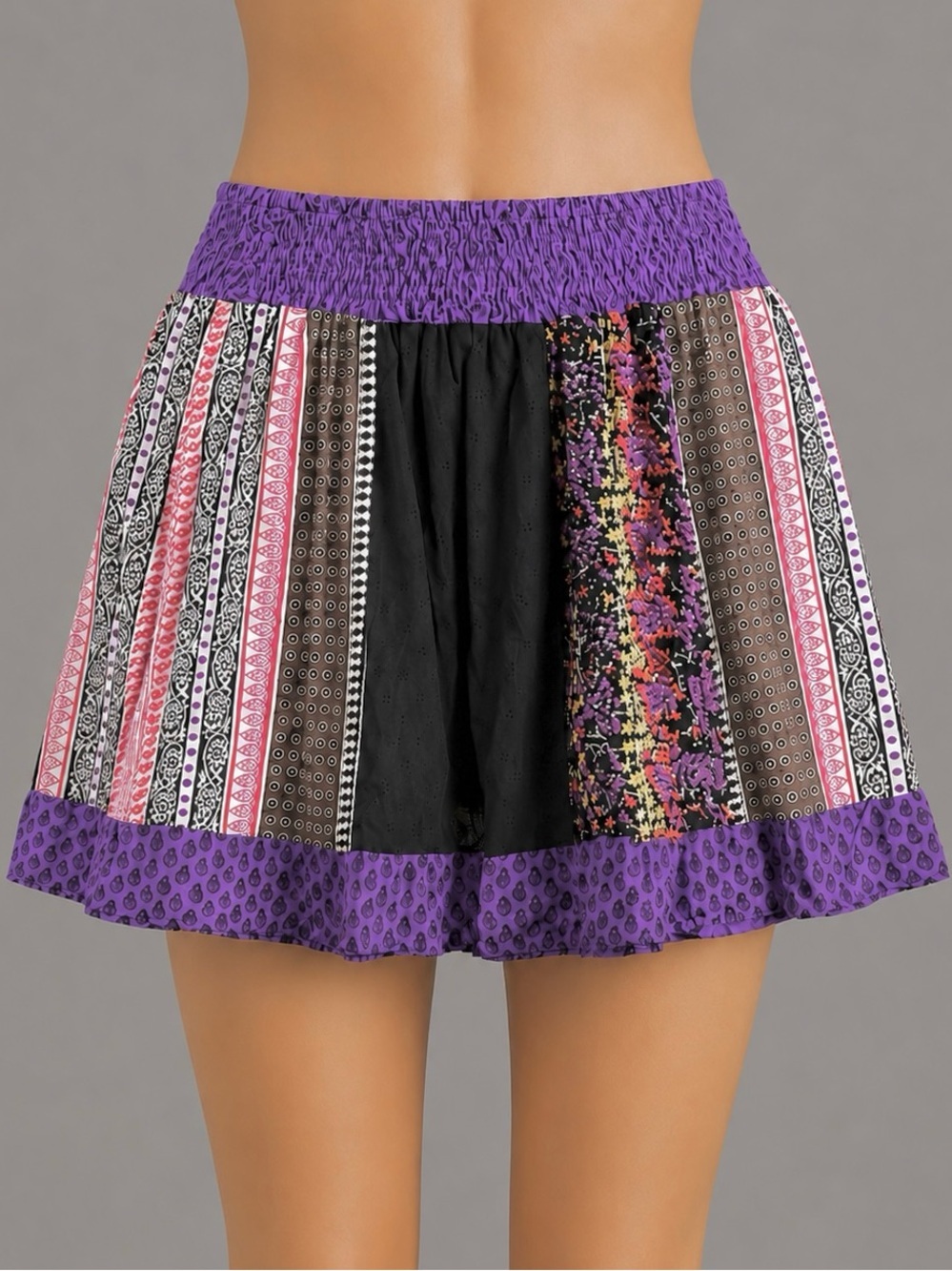 Boho Bohemian Purple Mixed Print Flirty Elastic Waist Skirt S/M